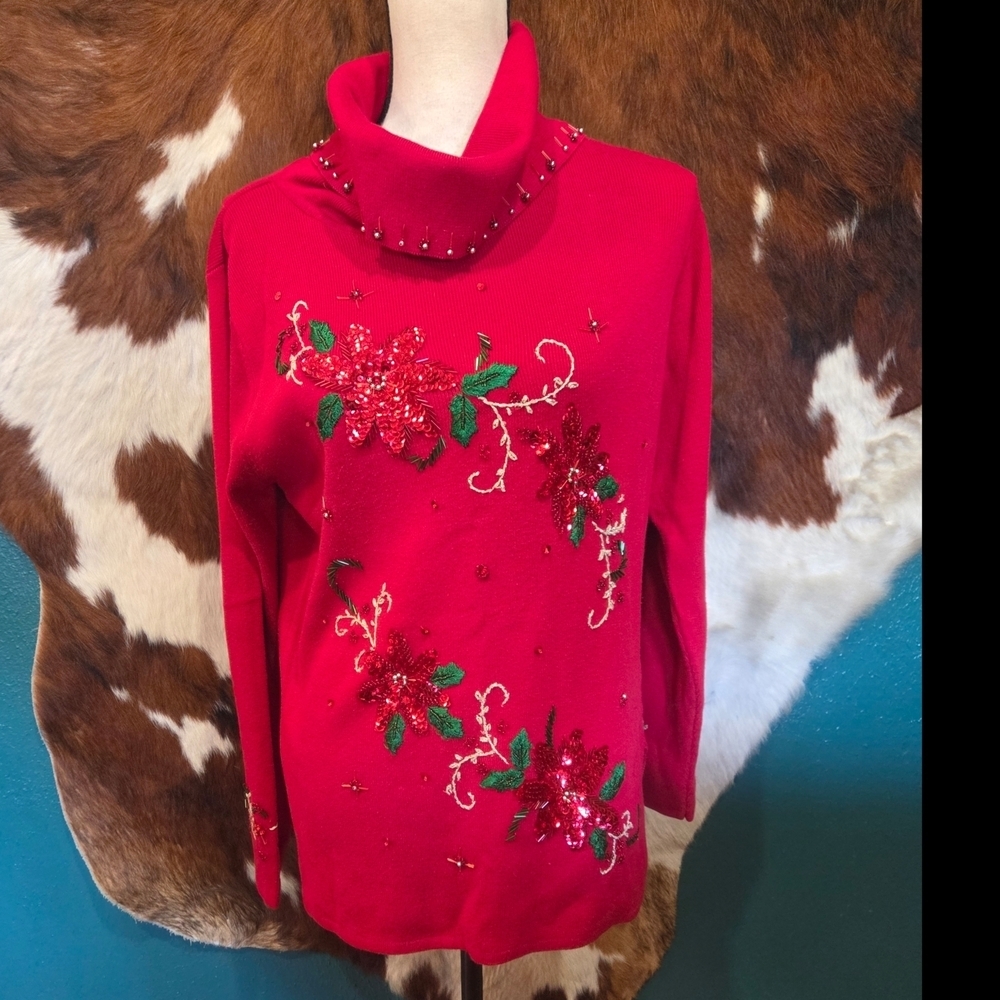 Elegant Red Floral Embellished Turtleneck Sweater